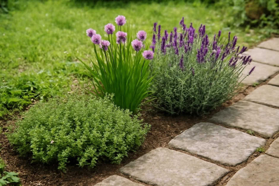 A small herb bed with thyme, chives, and lavender by a stone path