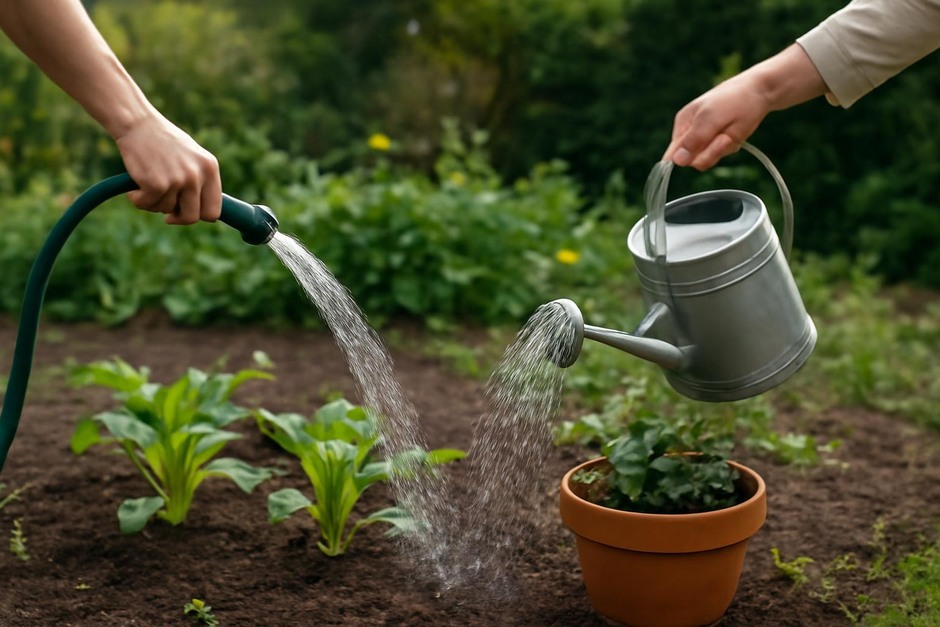 Watering a garden with a slow stream from a hose versus light sprinkling with a watering can