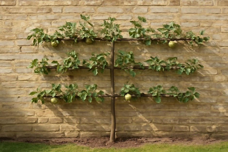 Young espaliered apple tree trained flat against a sunlit garden wall
