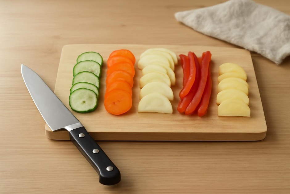 A chef's knife beside a cutting board with sliced vegetables in neat rows