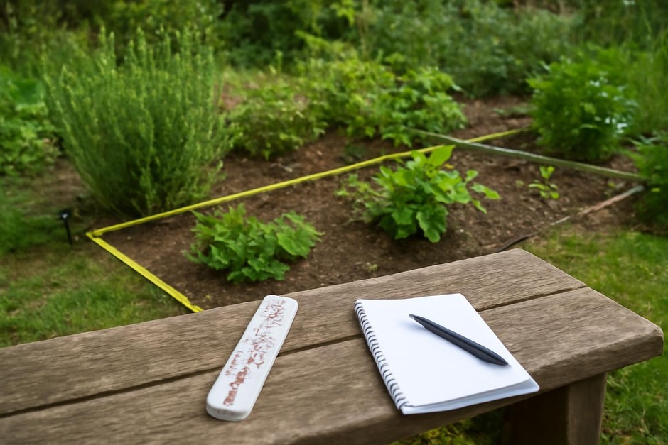 A small garden plot with tape, notebook, and thermometer on a bench
