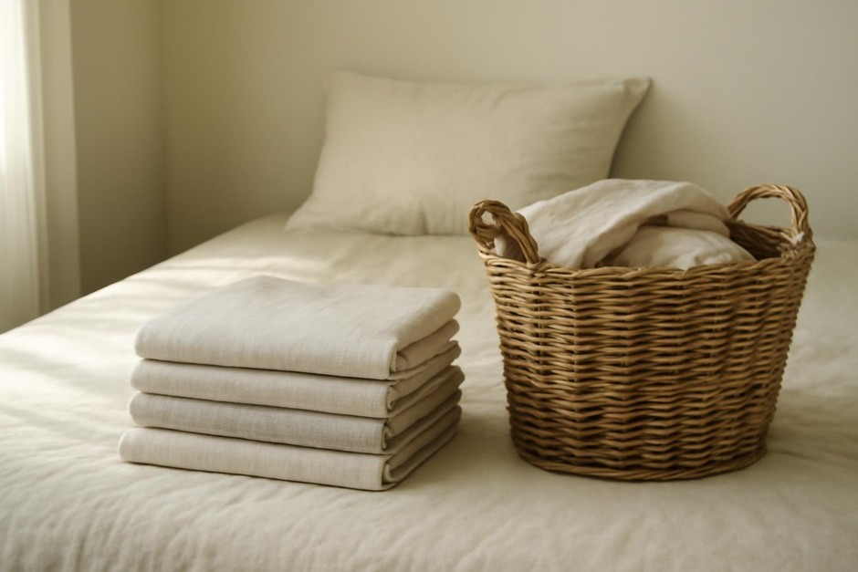 Neatly folded bed linens and a basket beside a sunlit bed