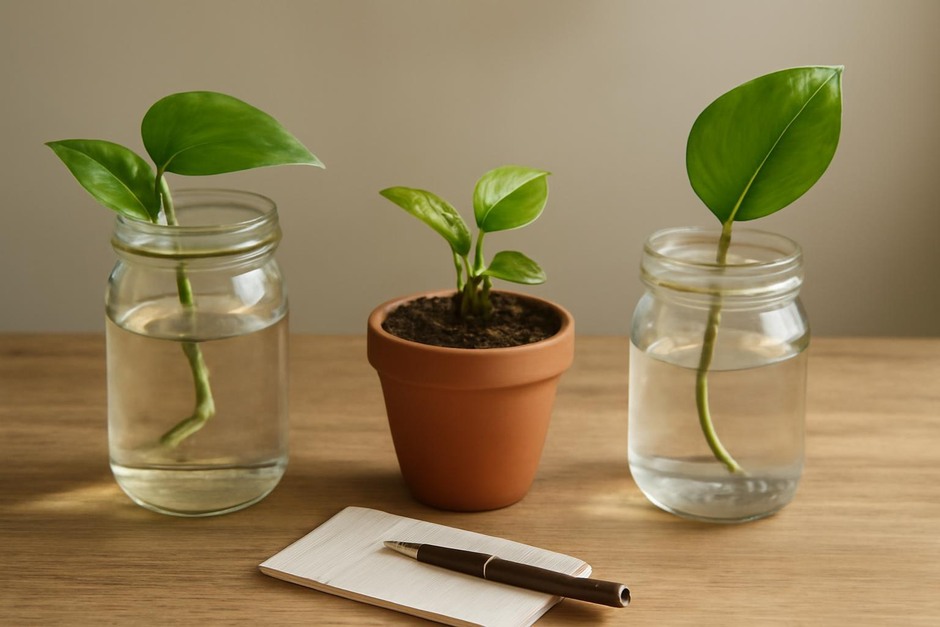 Three glass jars and small pots with plant cuttings at different rooting stages