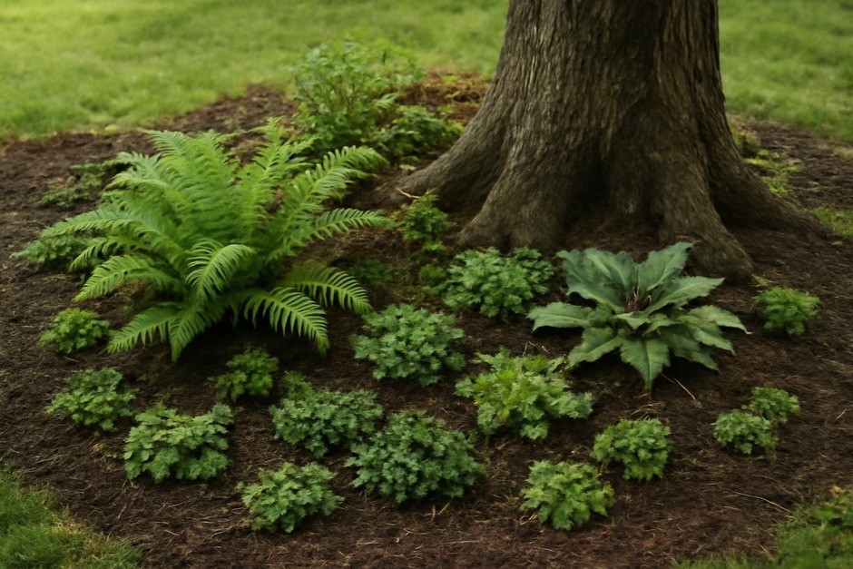 Small shade garden beneath a mature tree with ferns and groundcover