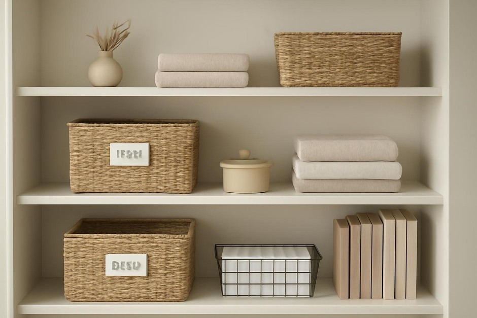 Neatly organized shelves with labeled baskets